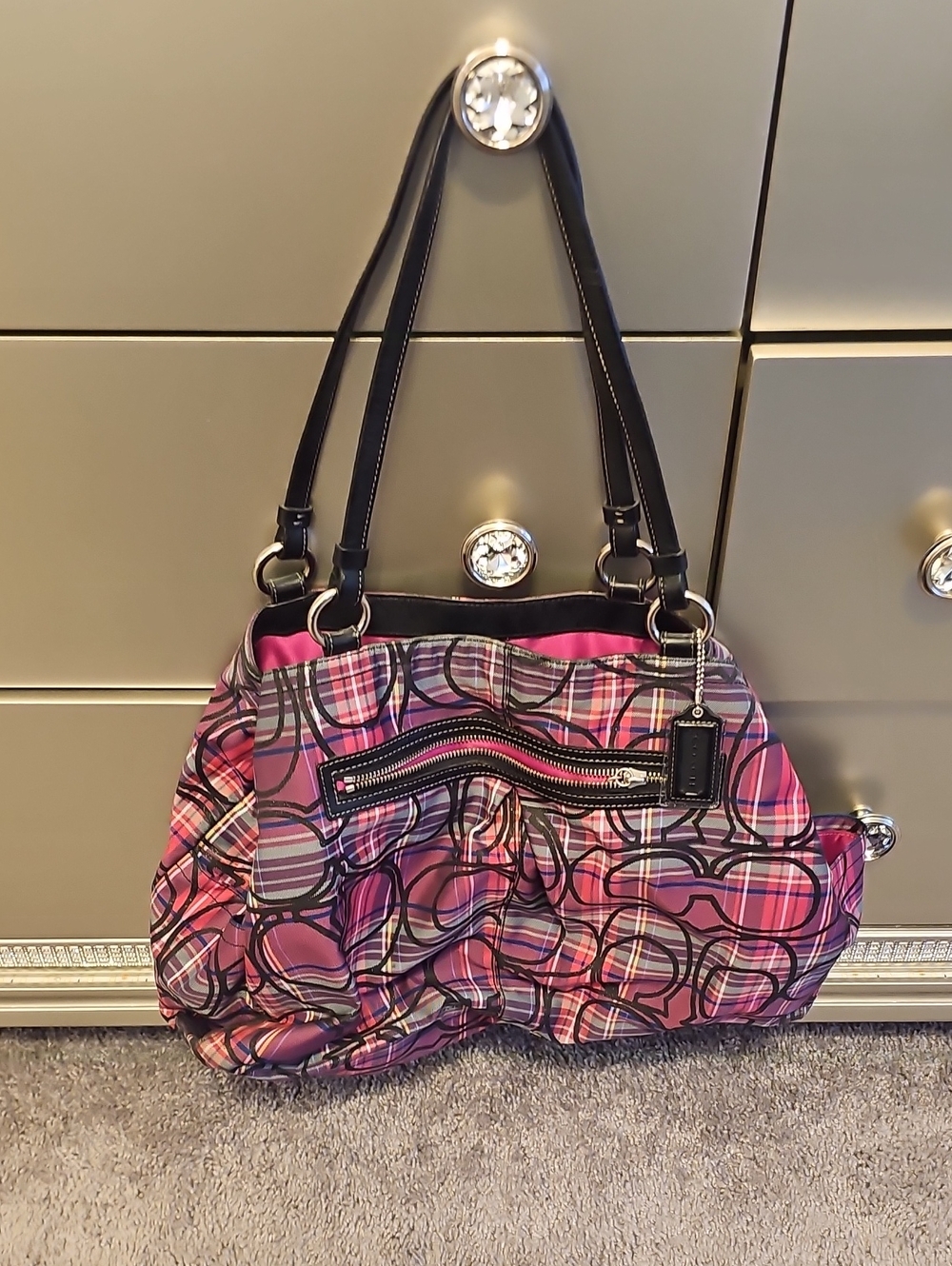 Coach Pink Plaid Shoulder Bag with Black Trim